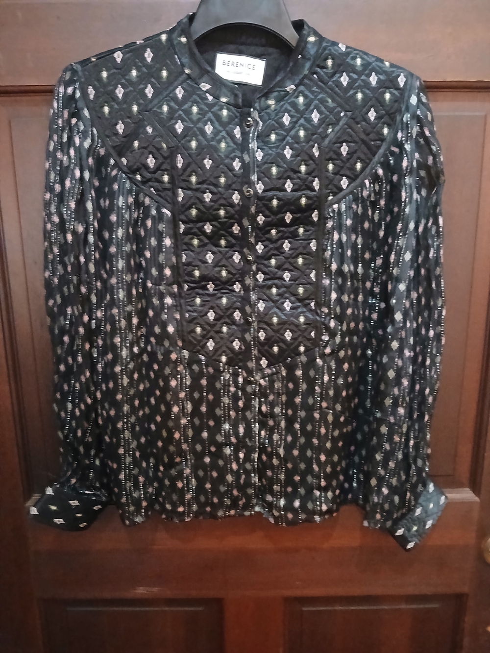 Women's Berenice Quilted Yoke Black Printed Blouse Size M NWT Metalic Thread